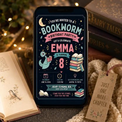 Storybook Bookworm Birthday Invitation — print-ready birthday party design from VoltBy