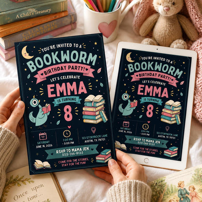 Storybook Bookworm Birthday Invitation — birthday party stationery by VoltBy