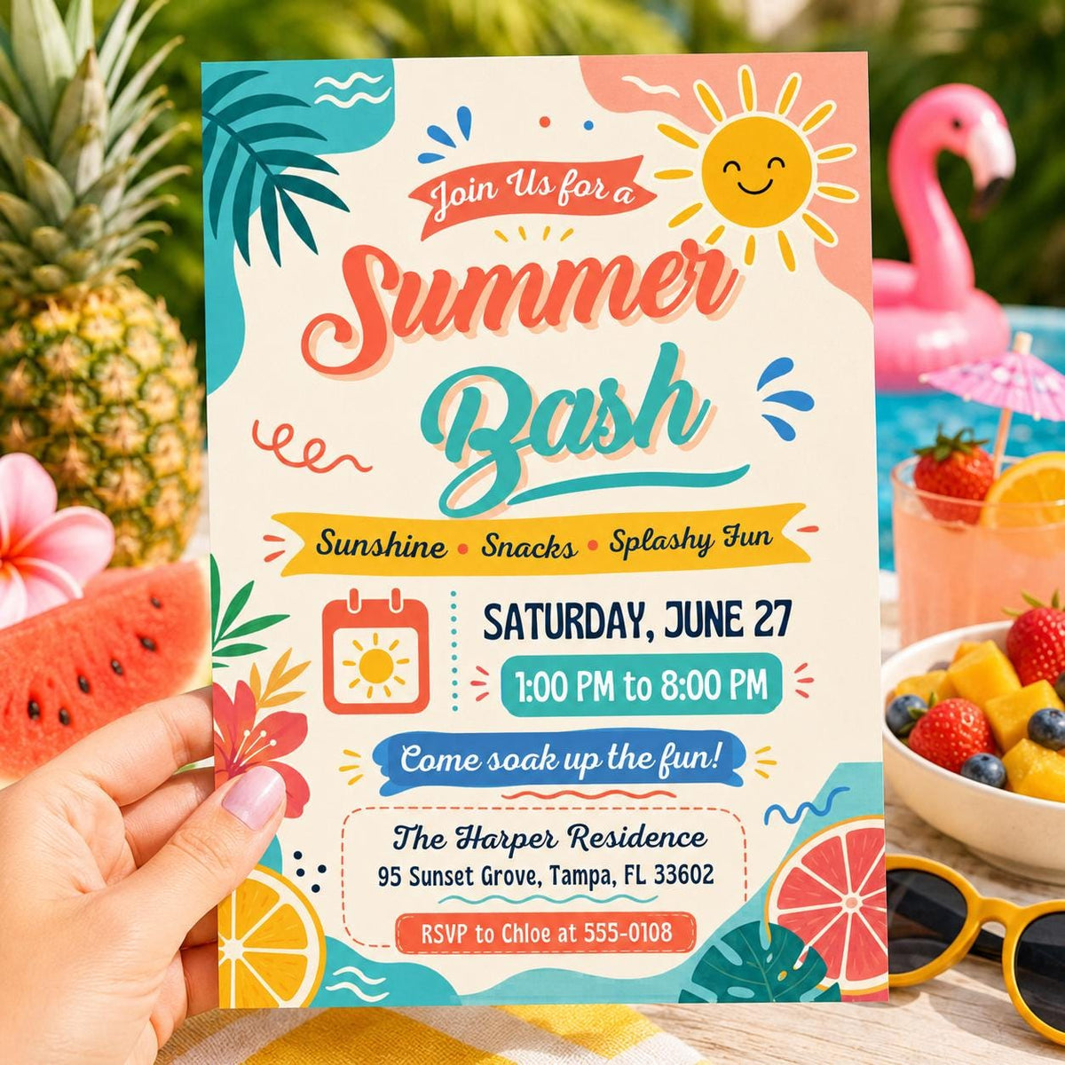 Summer Bash Invitation — pool and tropical design