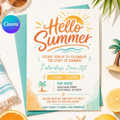 Sun End of School Party Invitation — editable Canva template