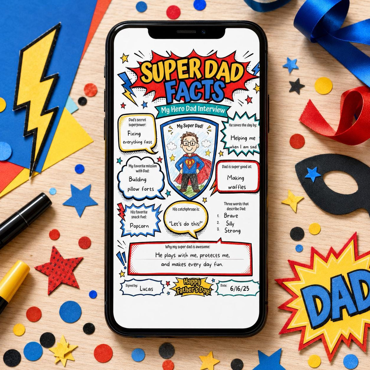 Super Dad Facts Father's Day Interview Worksheet in blue and red