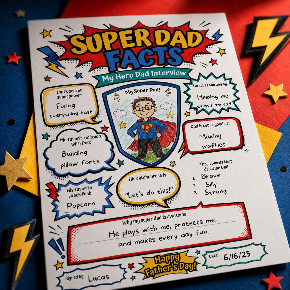 Super Dad Facts Father's Day Interview Worksheet — comic book father's day design