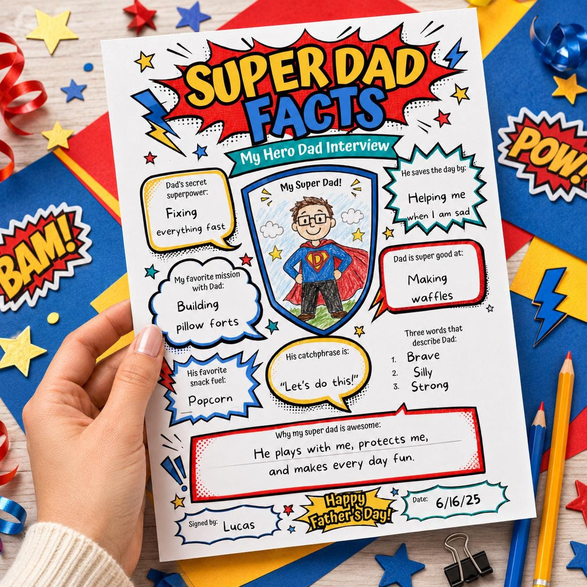 Super Dad Facts Father's Day Interview Worksheet — print-ready father's day design from VoltBy
