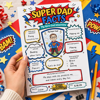 Super Dad Facts Father's Day Interview Worksheet — print-ready father's day design from VoltBy