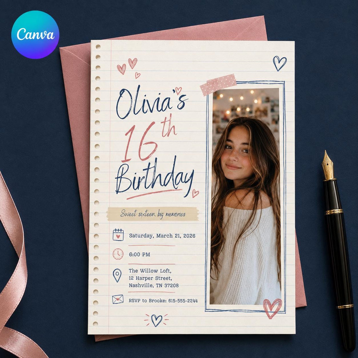 Sweet 16 Birthday Invitation for Girls — editable Canva template