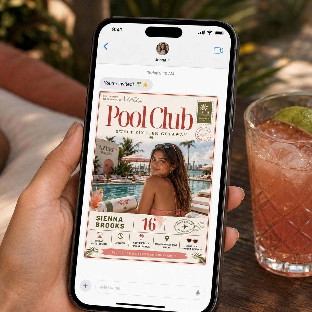 Sweet 16 Pool Party Invitation for Girls — digital invitation, instant download