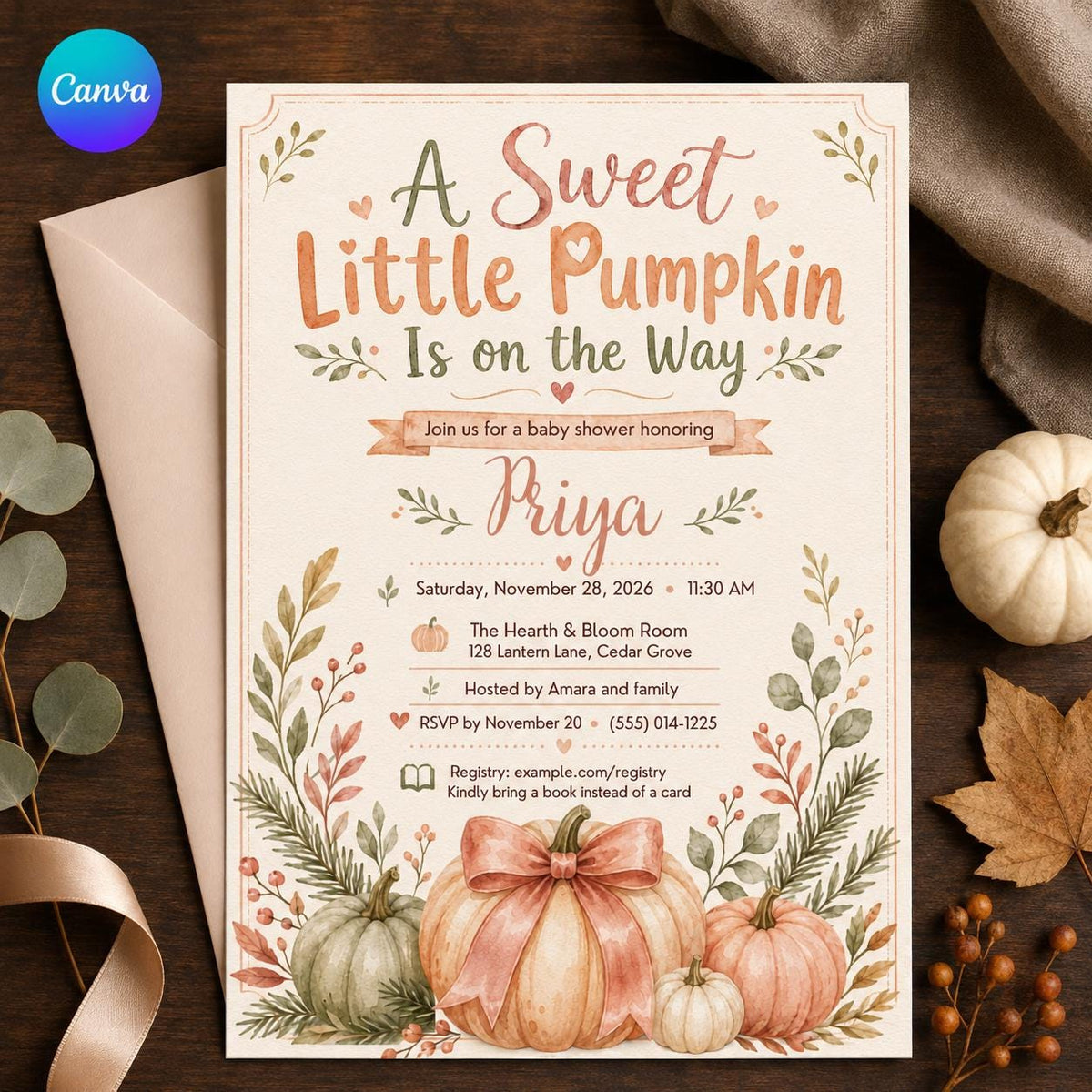Sweet Little Pumpkin Baby Shower Invitation with Pink Bow — editable Canva template