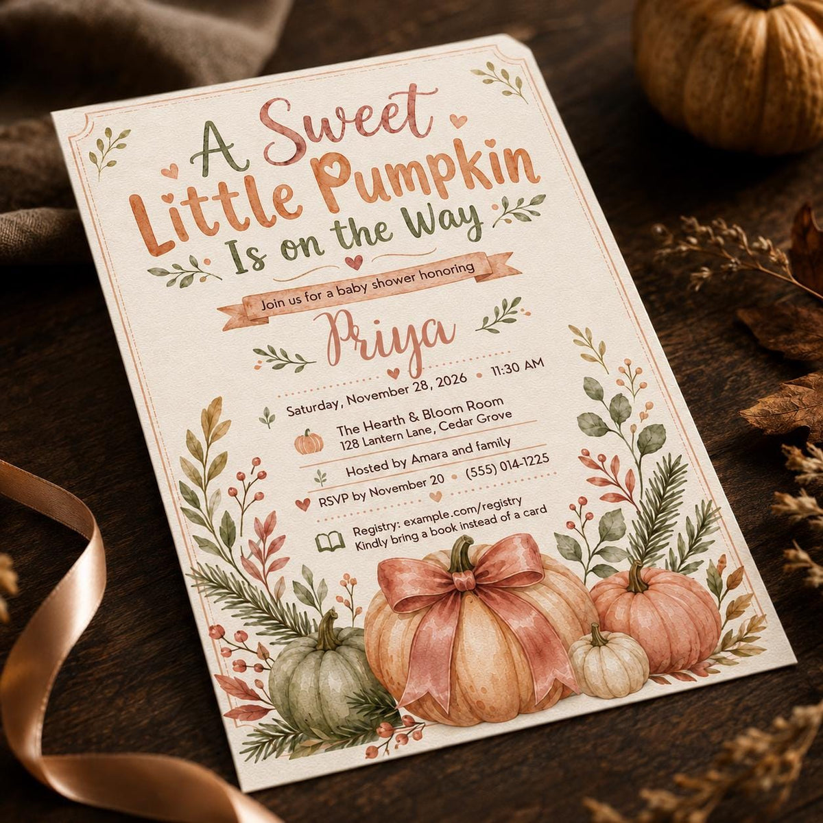 Sweet Little Pumpkin Baby Shower Invitation with Pink Bow in green and peach