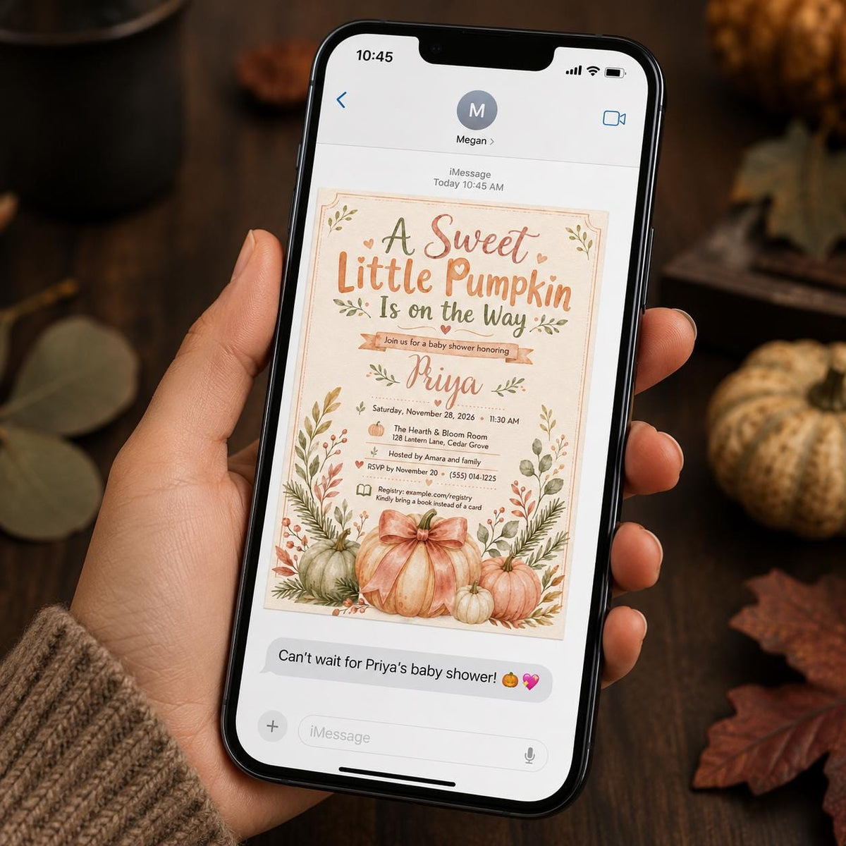 Sweet Little Pumpkin Baby Shower Invitation with Pink Bow — peach design