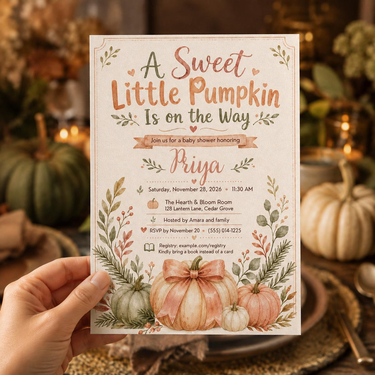 Sweet Little Pumpkin Baby Shower Invitation with Pink Bow — invitation you personalize in Canva