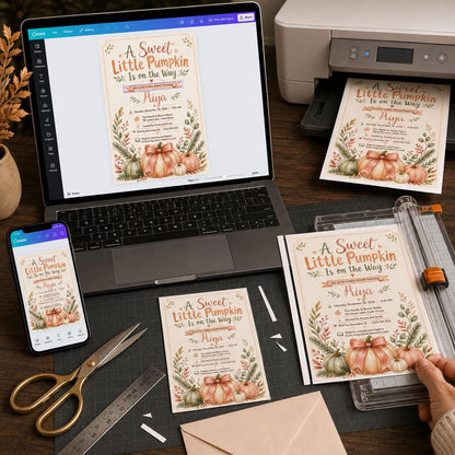 Sweet Little Pumpkin Baby Shower Invitation with Pink Bow — peach artwork in green and peach