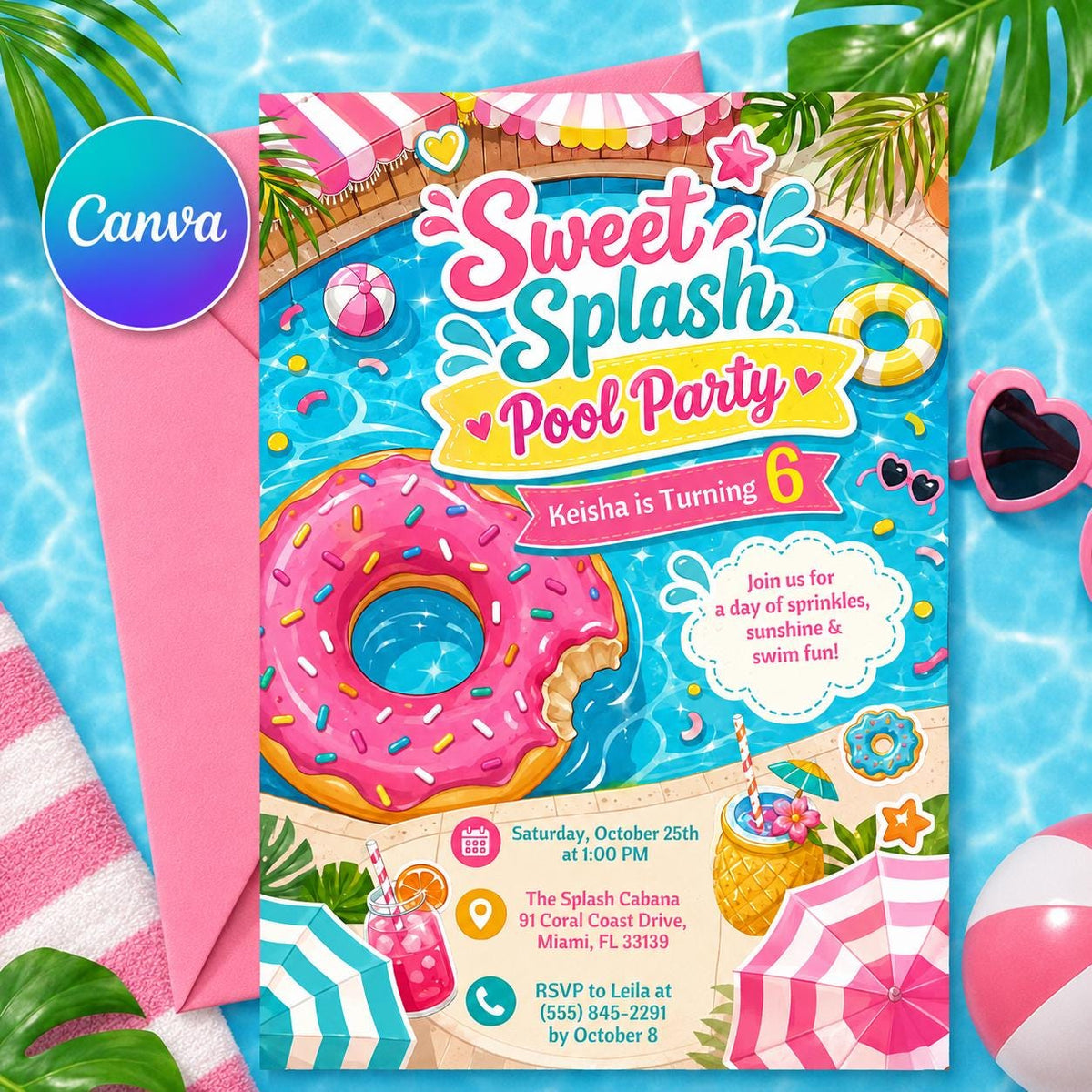 Sweet Splash Pool Party Invitation — editable Canva template