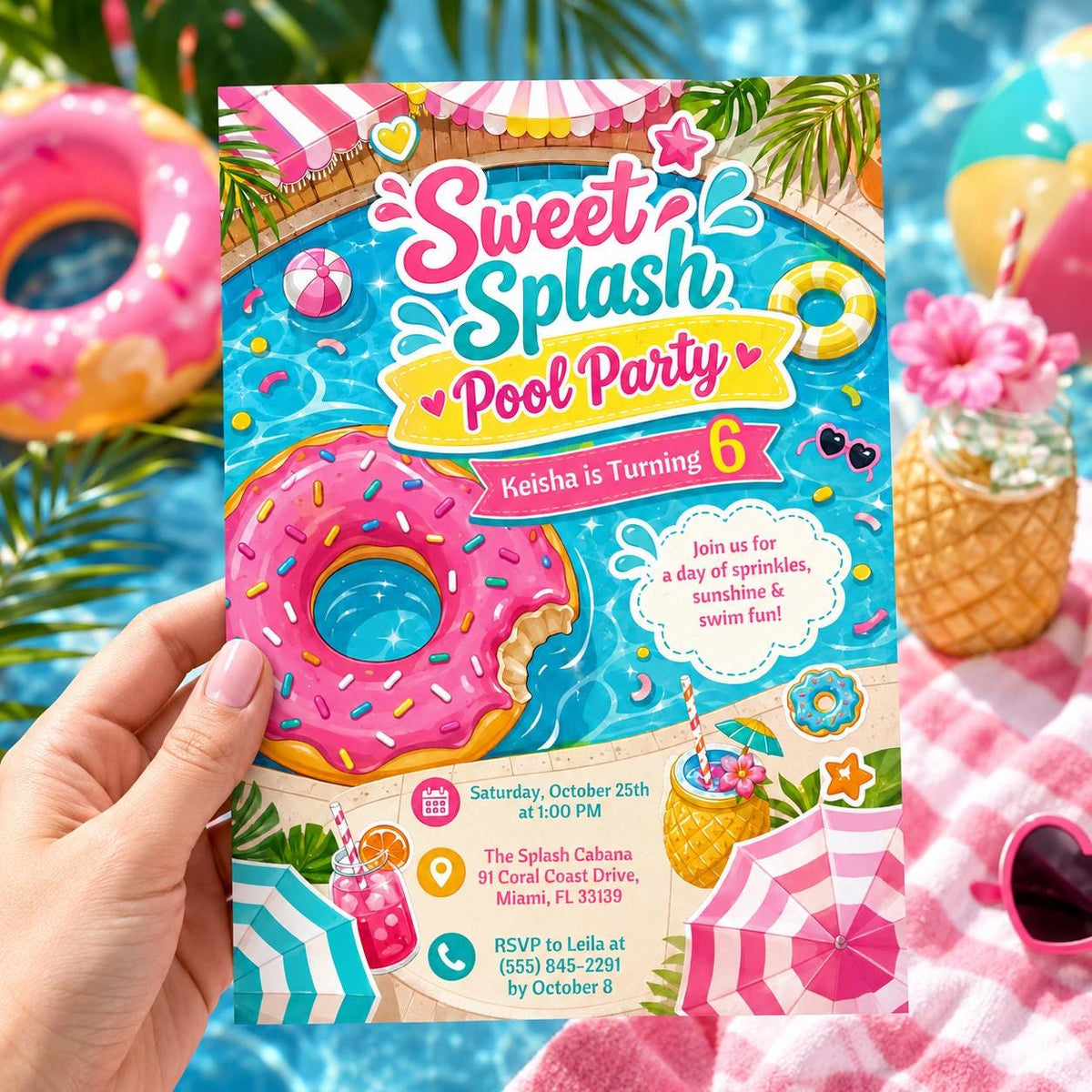 Sweet Splash Pool Party Invitation — print-ready pool party design from VoltBy