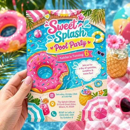 Sweet Splash Pool Party Invitation — print-ready pool party design from VoltBy