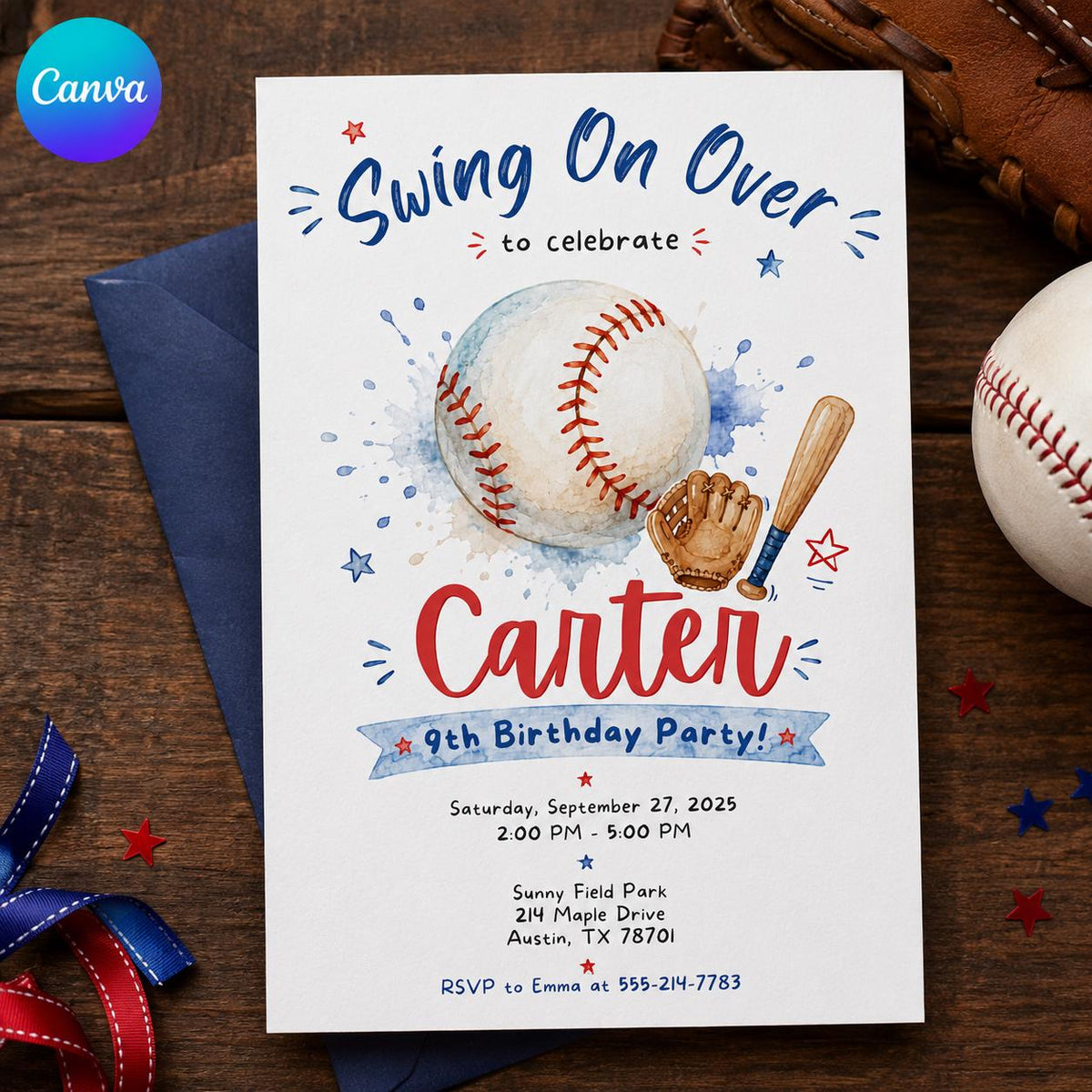 Swing On Over Baseball 9th Birthday Invitation — editable Canva template