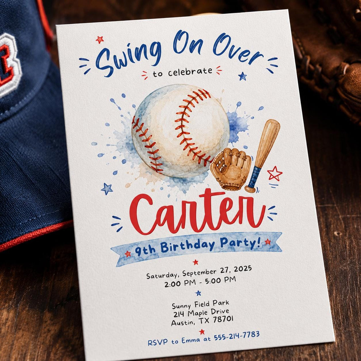 Swing On Over Baseball 9th Birthday Invitation in blue and red