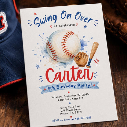 Swing On Over Baseball 9th Birthday Invitation in blue and red