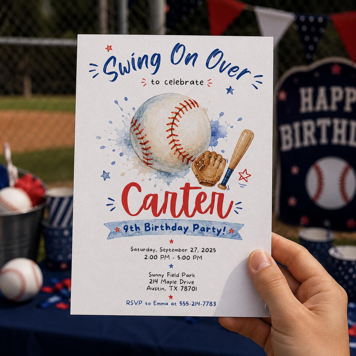 Swing On Over Baseball 9th Birthday Invitation — invitation you personalize in Canva