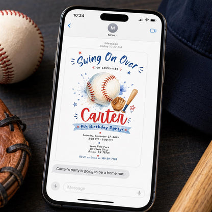 Swing On Over Baseball 9th Birthday Invitation — print-ready 9th birthday party design from VoltBy