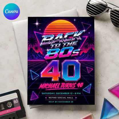 Synthwave Back to the 80s 40th Birthday Invitation — editable Canva template
