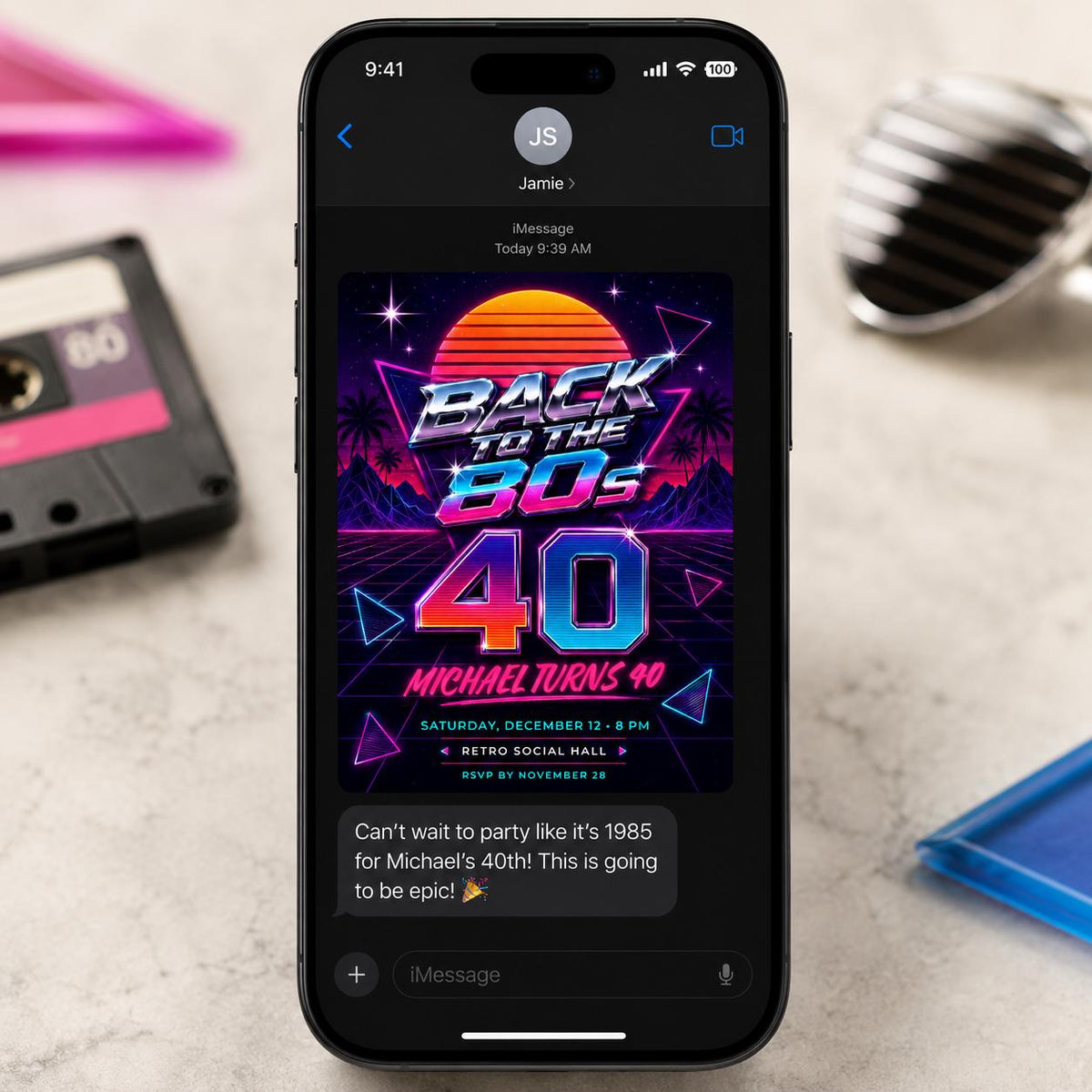 Synthwave Back to the 80s 40th Birthday Invitation in orange and pink