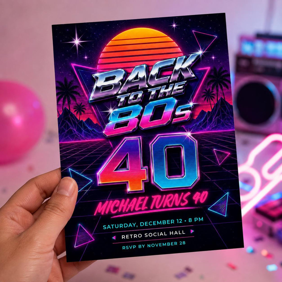 Synthwave Back to the 80s 40th Birthday Invitation — invitation you personalize in Canva