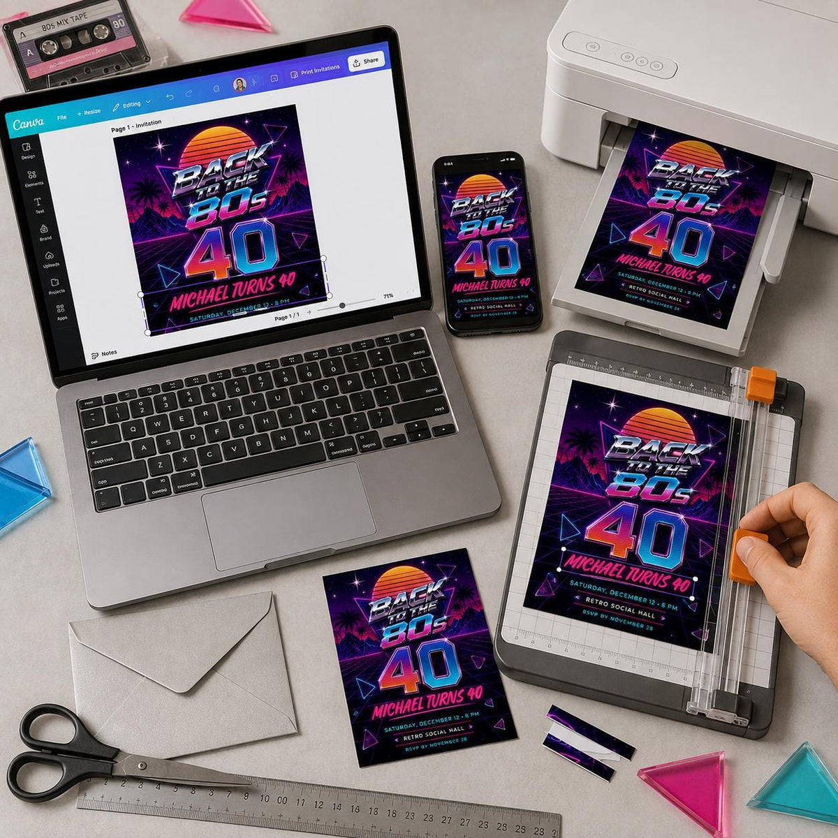 Synthwave Back to the 80s 40th Birthday Invitation — print-ready 40th birthday party design from VoltBy
