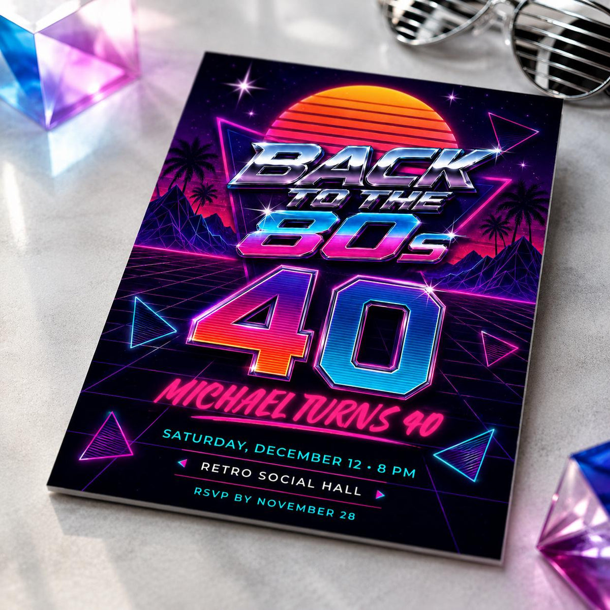 Synthwave Back to the 80s 40th Birthday Invitation — digital invitation, instant download