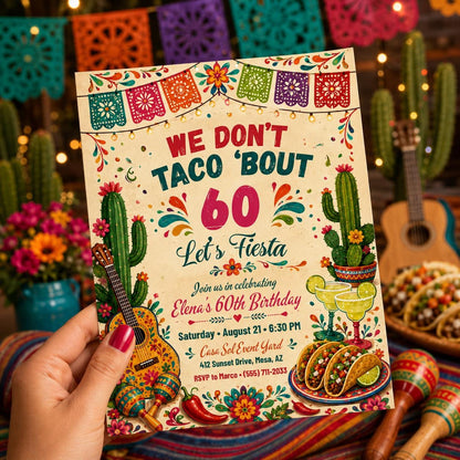 Taco 60th Birthday Invitation — invitation you personalize in Canva