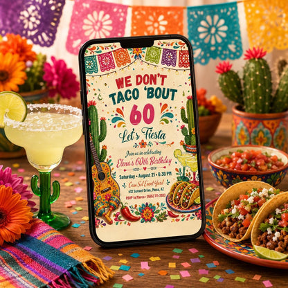Taco 60th Birthday Invitation — print-ready 60th birthday party design from VoltBy