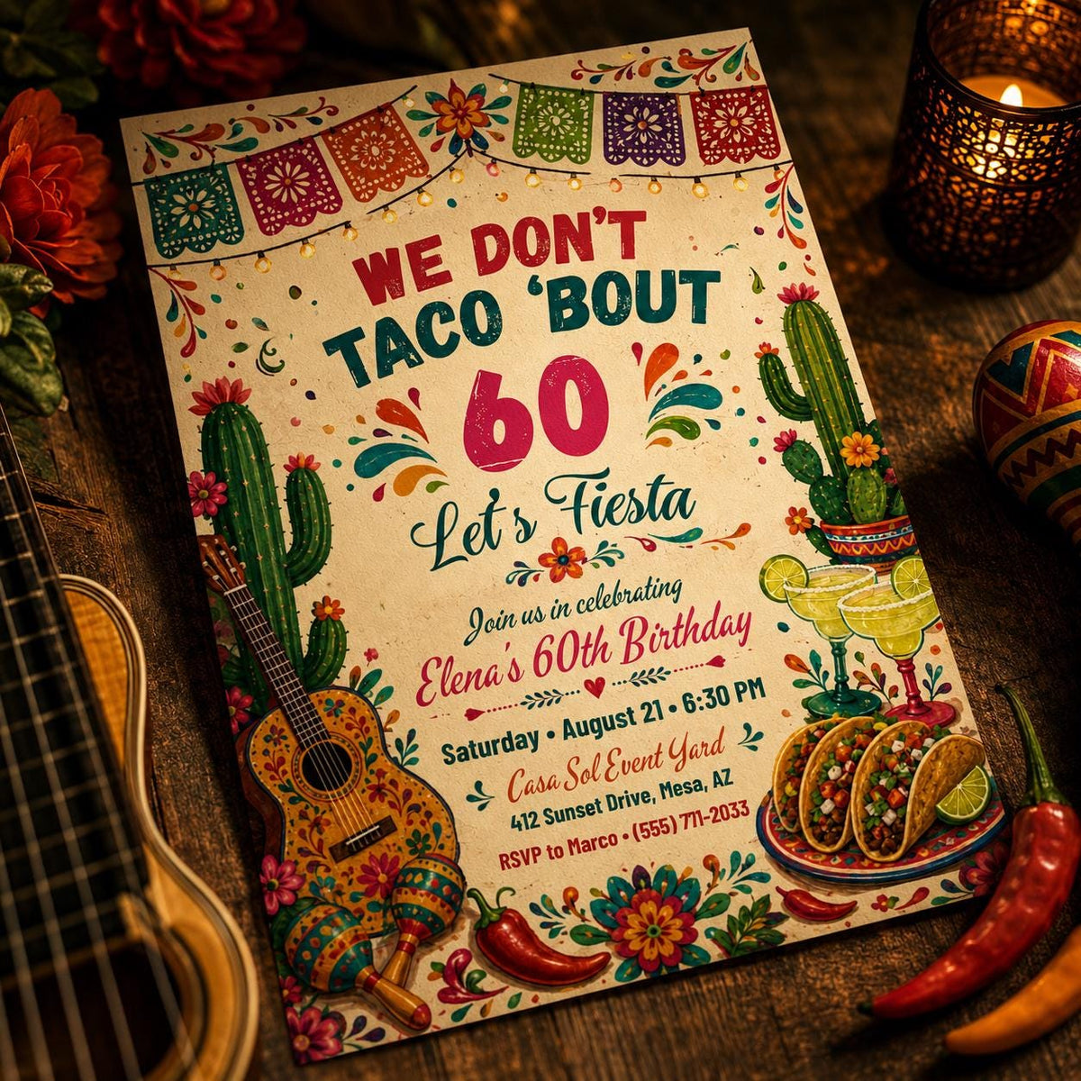 Taco 60th Birthday Invitation — digital invitation, instant download