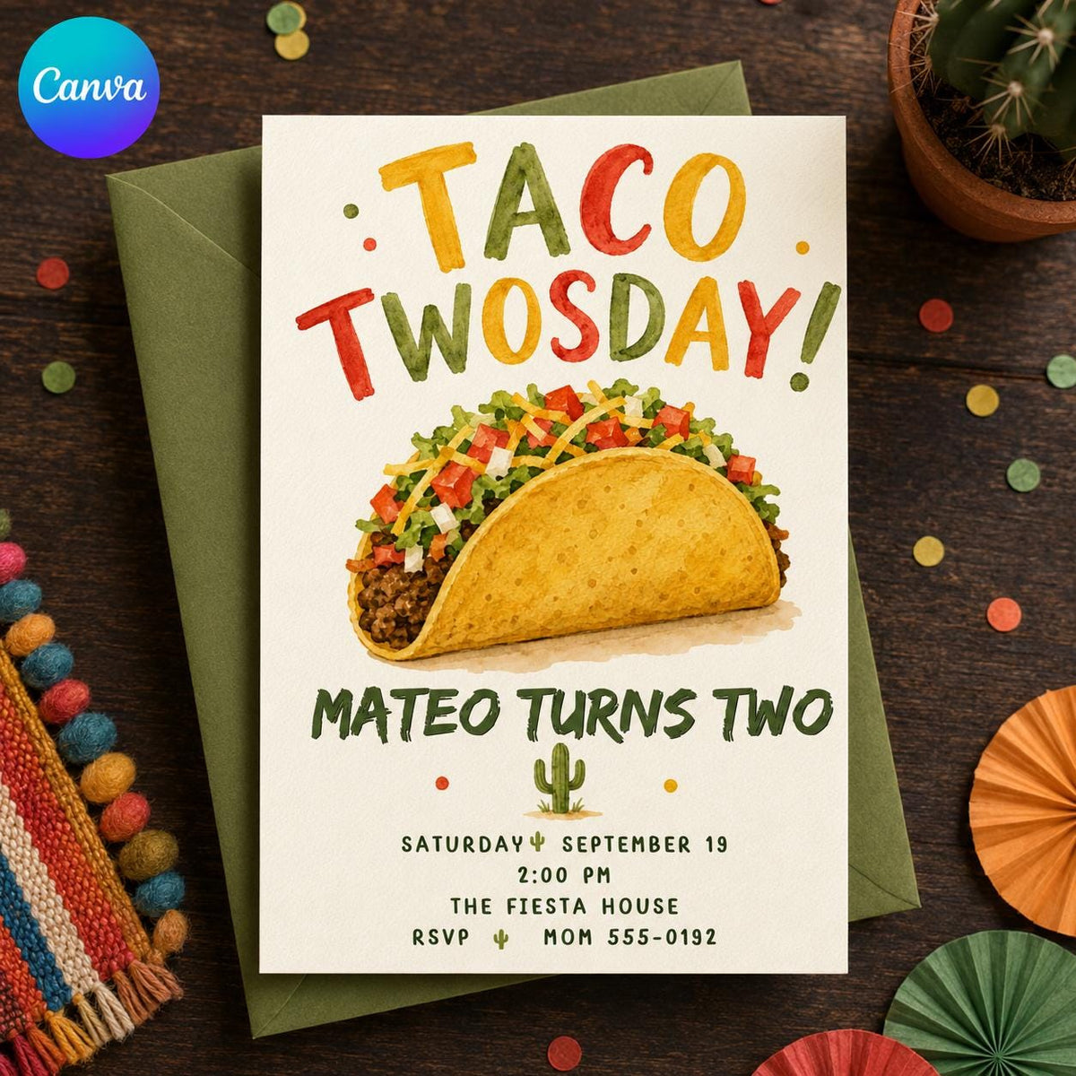 Taco Twosday 2nd Birthday Invitation with a Single Taco — editable Canva template