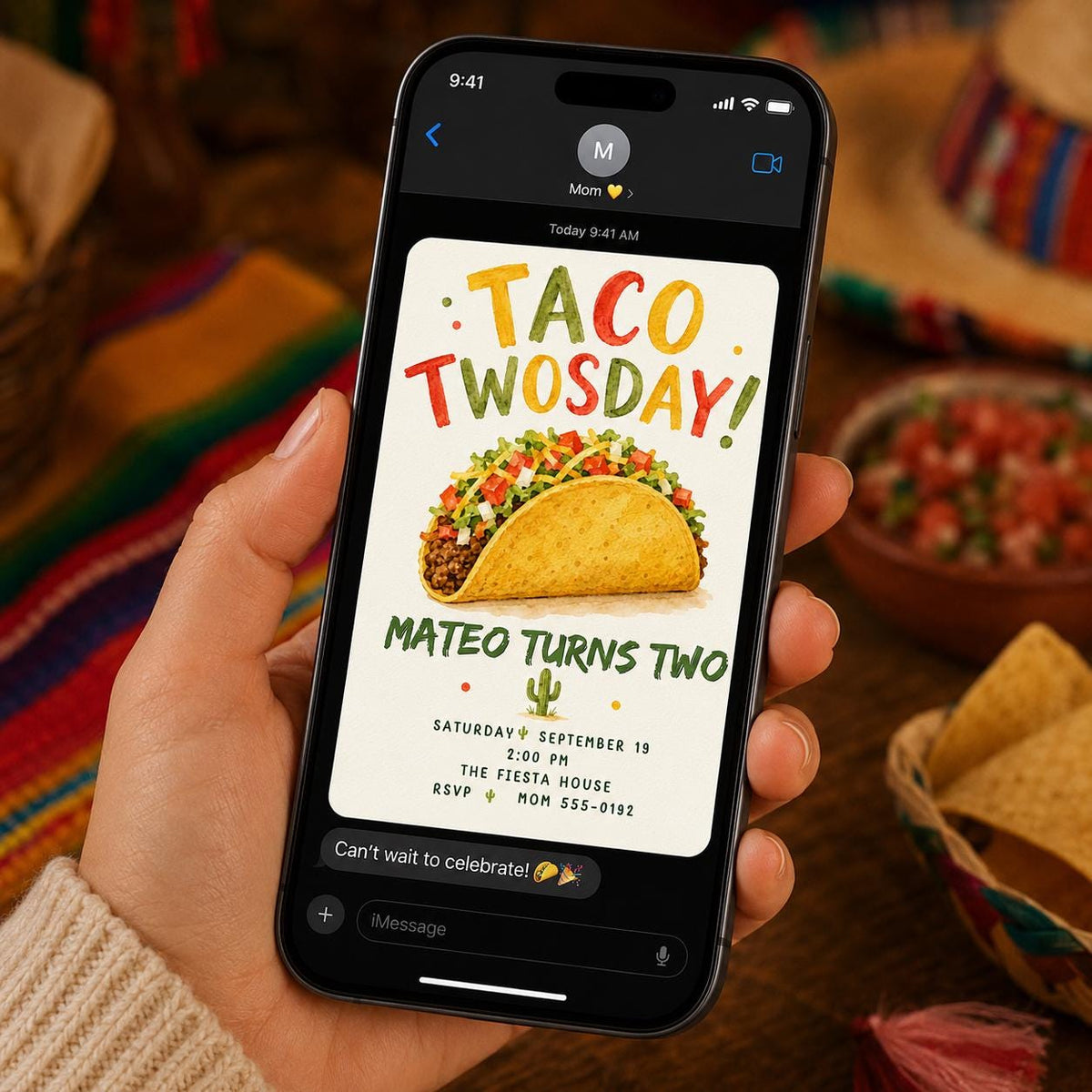 Taco Twosday 2nd Birthday Invitation with a Single Taco in green and red