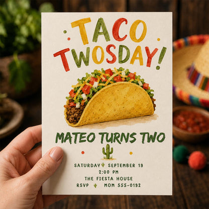 Taco Twosday 2nd Birthday Invitation with a Single Taco — invitation you personalize in Canva