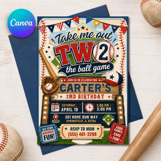 Take Me Out to the Ball Game 2nd Birthday Invitation — editable Canva template
