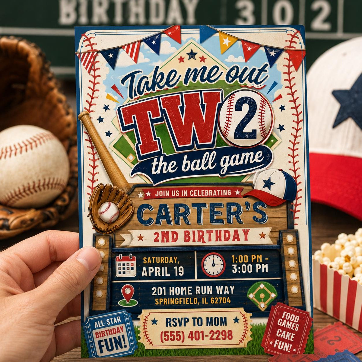 Take Me Out to the Ball Game 2nd Birthday Invitation — baseball and sports artwork in cream and navy