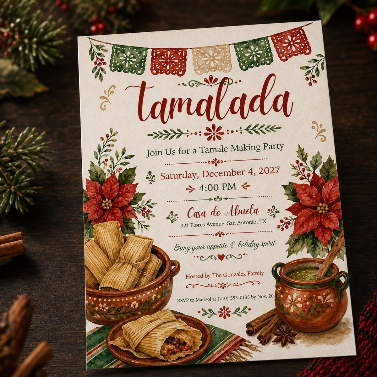 Tamalada Invitation — Christmas celebration stationery by VoltBy