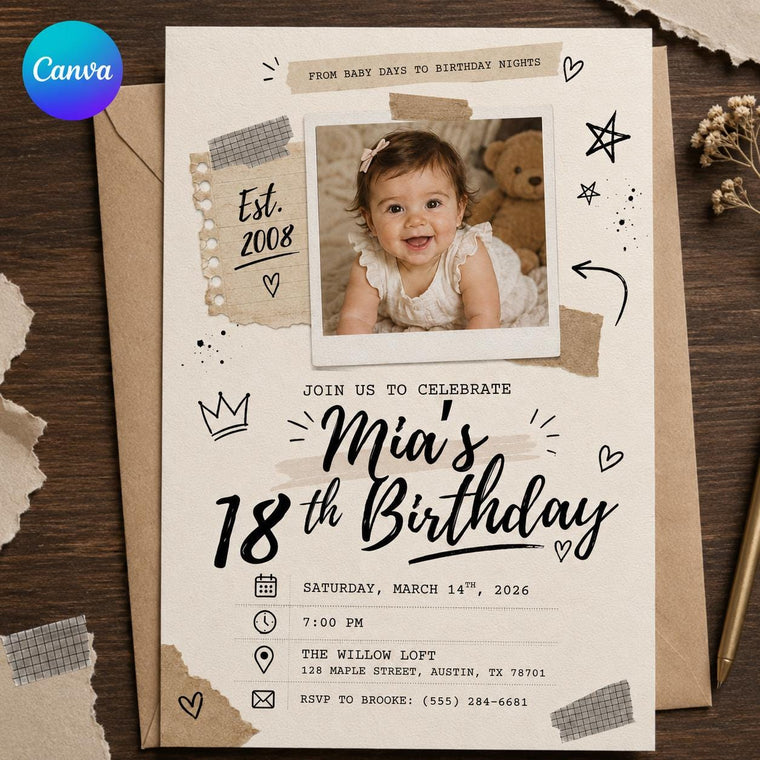 Taped Scrapbook Photo 18th Birthday Invitation