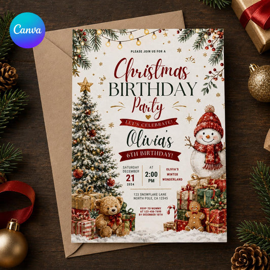 Teddy Bear Christmas 6th Birthday Invitation for Girls — editable Canva template