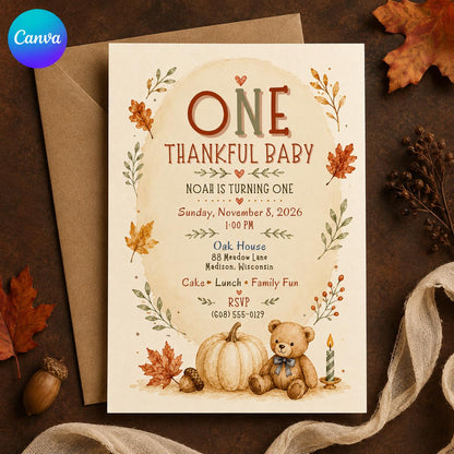 Teddy Bear Fall First Birthday Invitation — editable Canva template