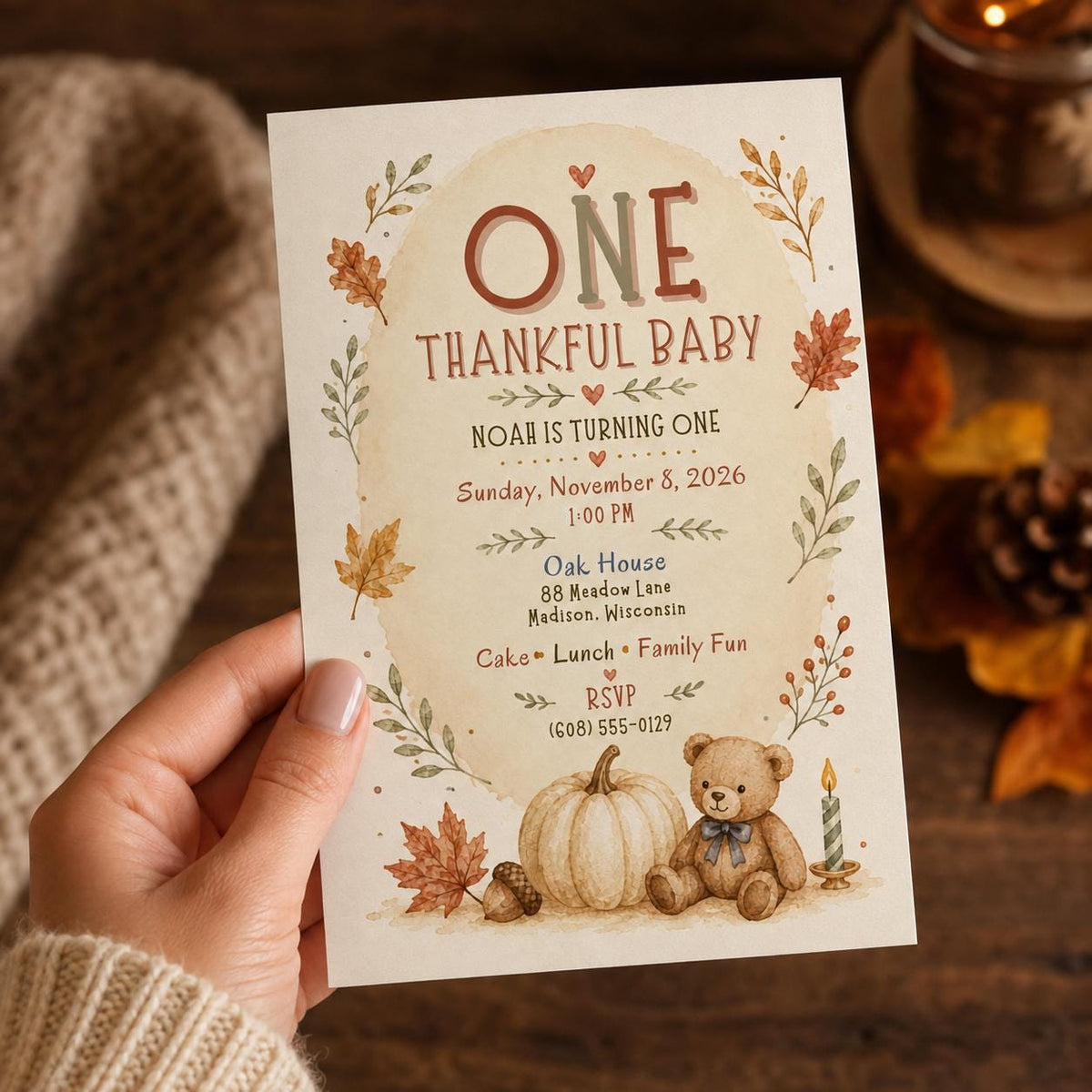 Teddy Bear Fall First Birthday Invitation — pumpkin design