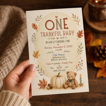 Teddy Bear Fall First Birthday Invitation — pumpkin design