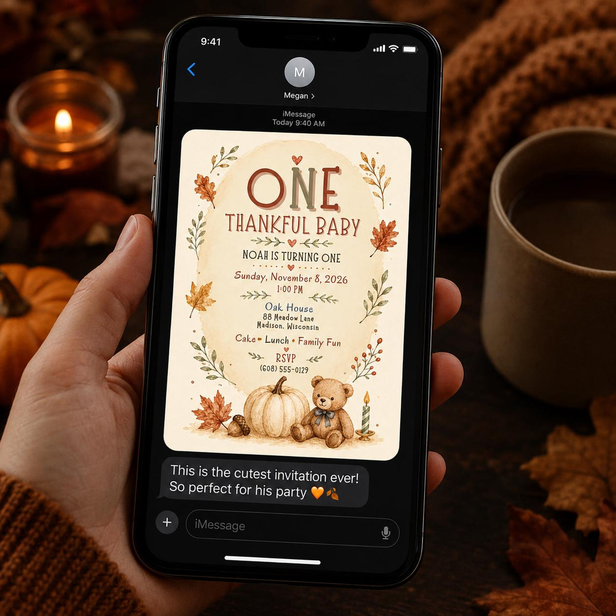Teddy Bear Fall First Birthday Invitation — invitation you personalize in Canva