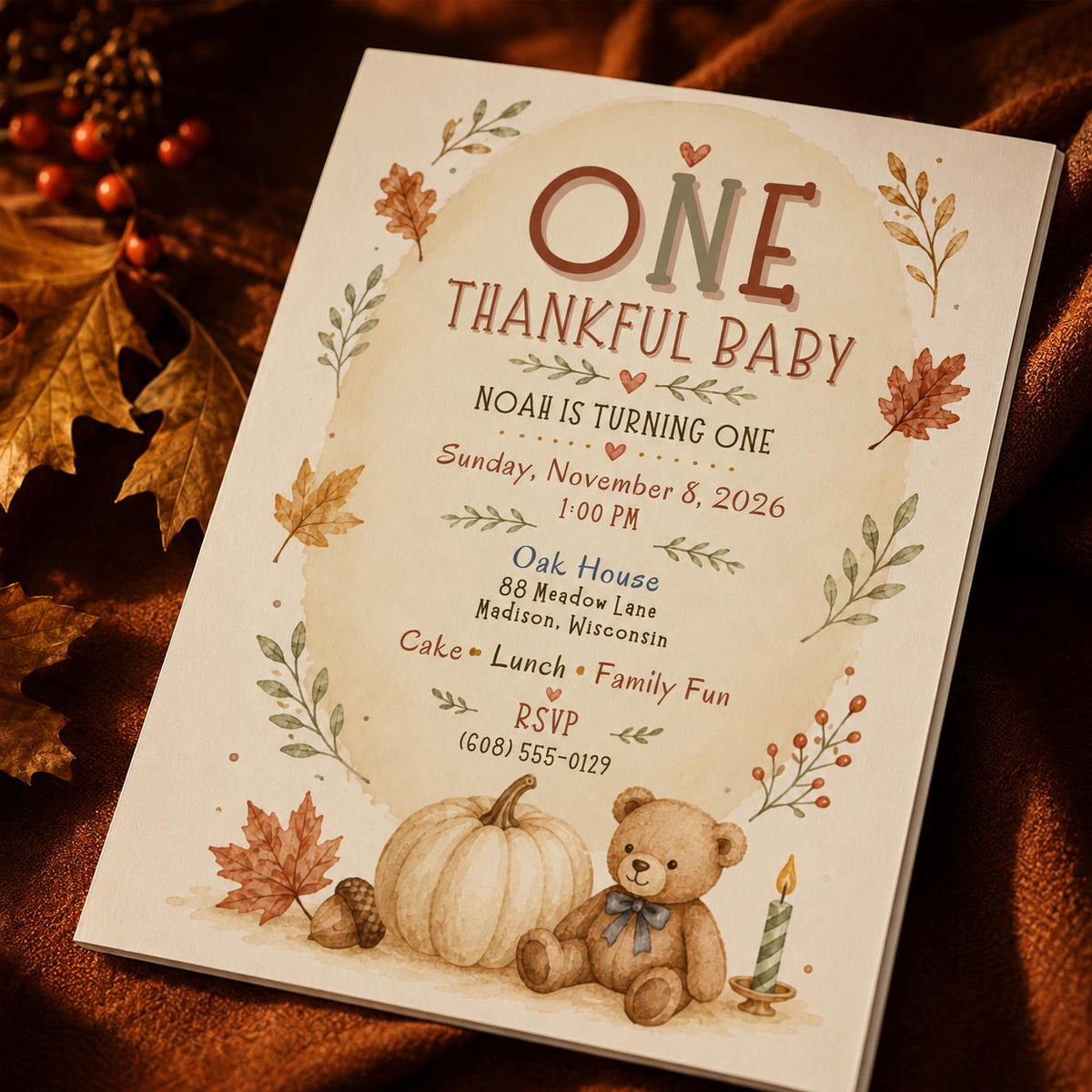 Teddy Bear Fall First Birthday Invitation — digital invitation, instant download