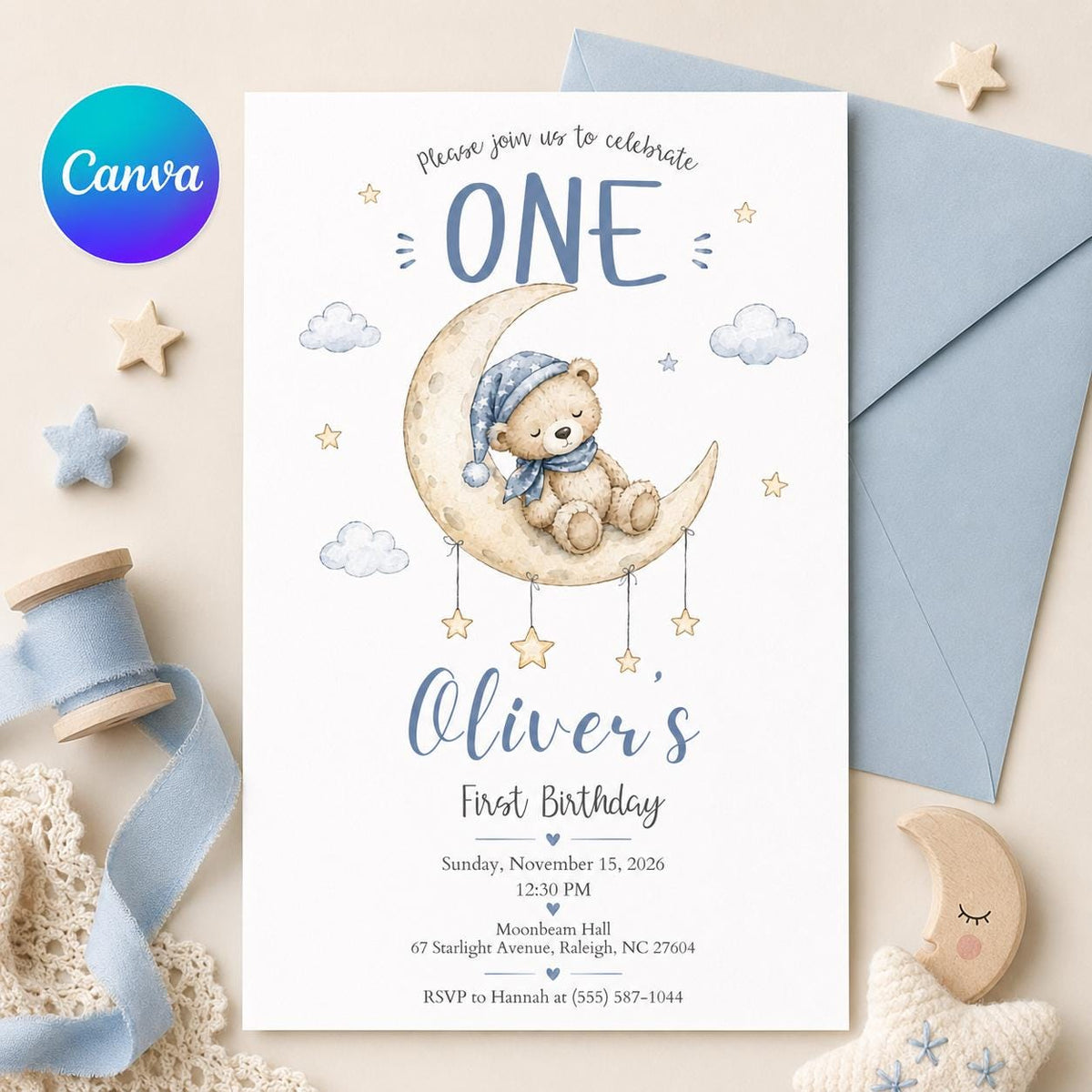 Teddy Bear First Birthday Invitation: Moon and Stars Boy Party — editable Canva template
