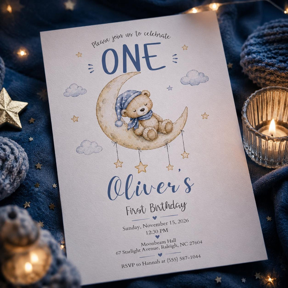 Teddy Bear First Birthday Invitation: Moon and Stars Boy Party — digital invitation, instant download