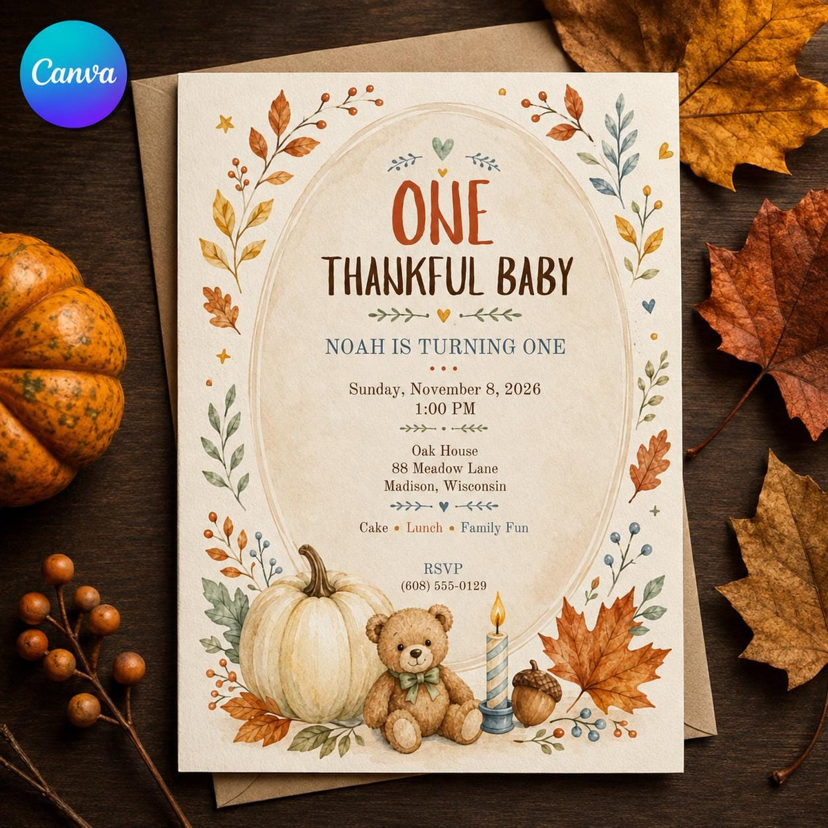 Teddy Bear First Birthday Invitation: One Thankful Baby Fall Thanksgiving Party — editable Canva template