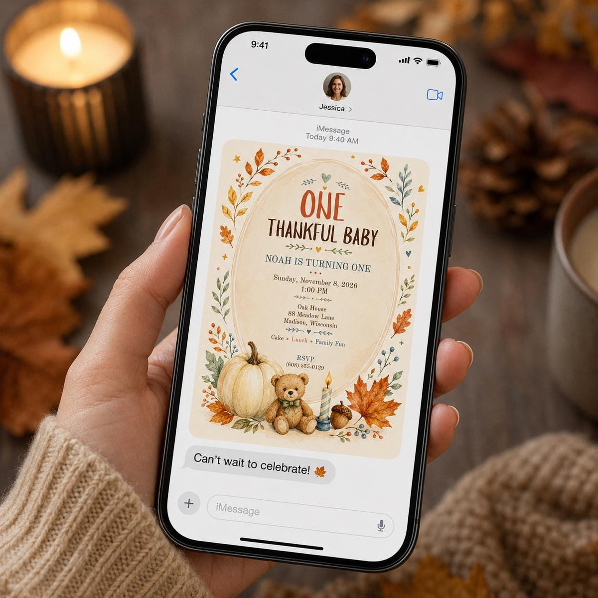 Teddy Bear First Birthday Invitation: One Thankful Baby Fall Thanksgiving Party — pumpkin design