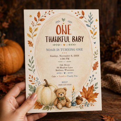 Teddy Bear First Birthday Invitation: One Thankful Baby Fall Thanksgiving Party — invitation you personalize in Canva