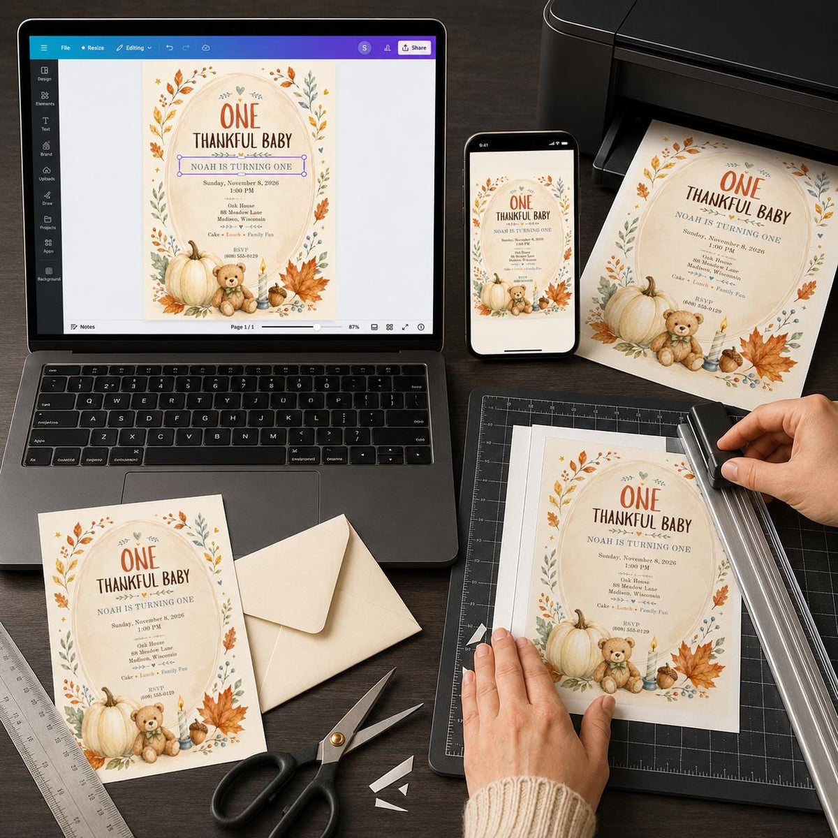 Teddy Bear First Birthday Invitation: One Thankful Baby Fall Thanksgiving Party — print-ready first birthday design